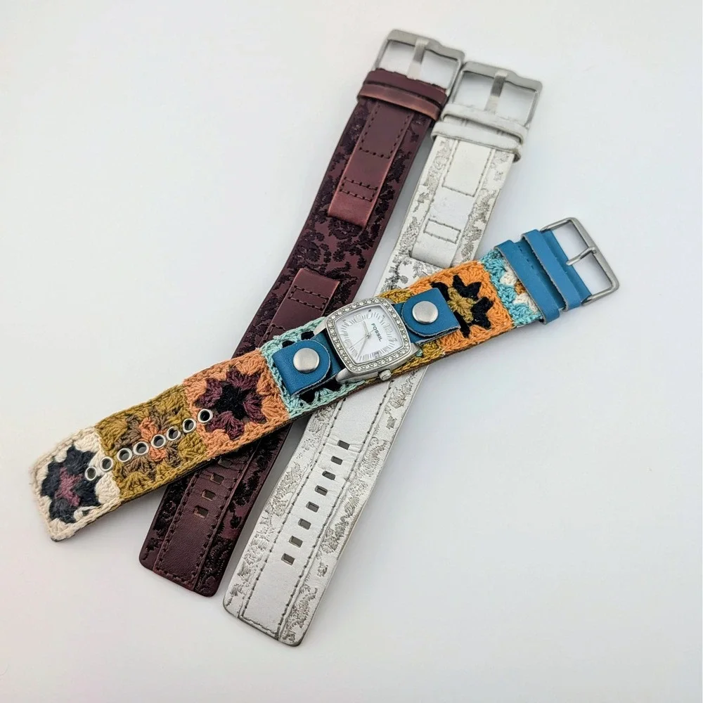 Fossil JR-8683 Women's MOP Watch Rhinestone Bezel Crochet Cuff 3 Straps Included